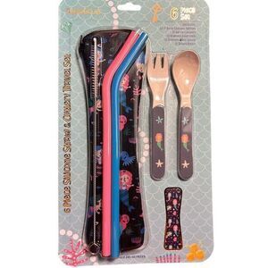 Giggle & Gulp 6 Piece Silicone Straws Fork Spoon Brush‎ Cutlery Travel Set New